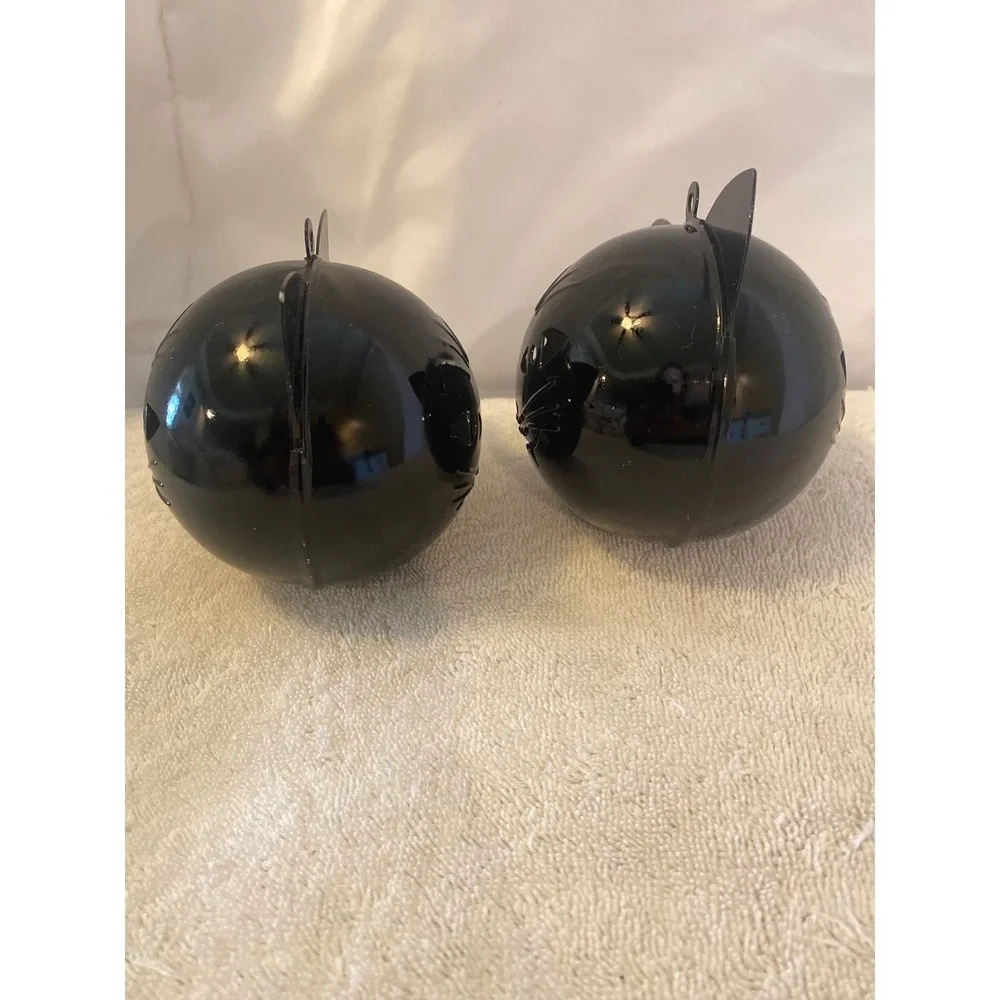 Set of 2 Black Metal Cat Head Jingle Bells Halloween Hanging Decor Glossy Finish